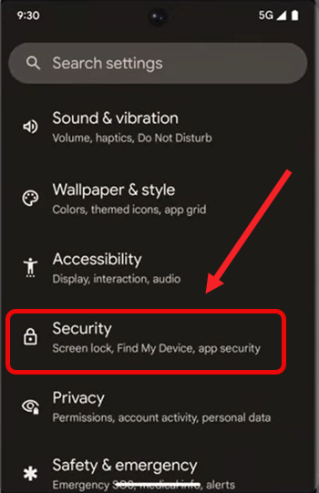 Pixel phone Security settings