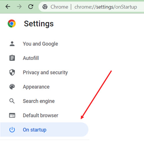 Startup Settings Chrome