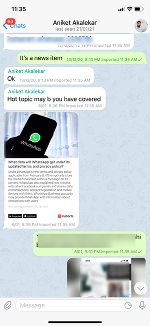 Chats imported to Telegram