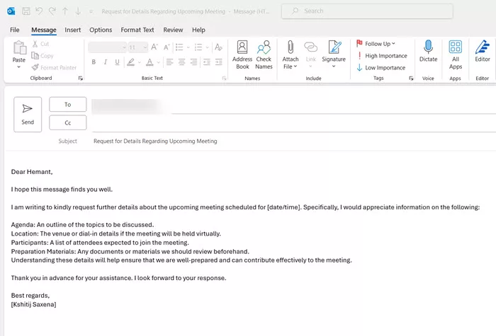 email template in Outlook.